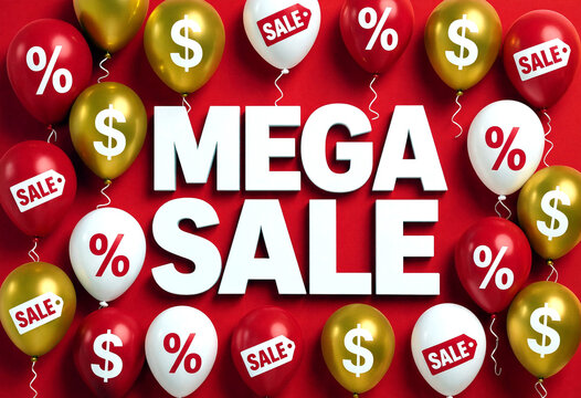 Colorful mega sale promotion with balloons and discount symbols on vibrant red background