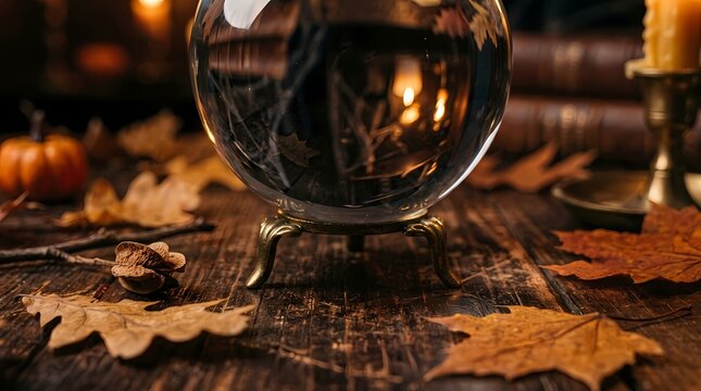 Mystical crystal ball reflecting autumn leaves and warm candlelight on a wooden table, evoking a sense of magic and mystery