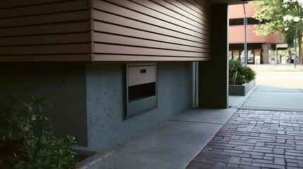 Naklejka premium Modern building exterior with horizontal siding concrete wall and a recessed mail slot under a covered walkway
