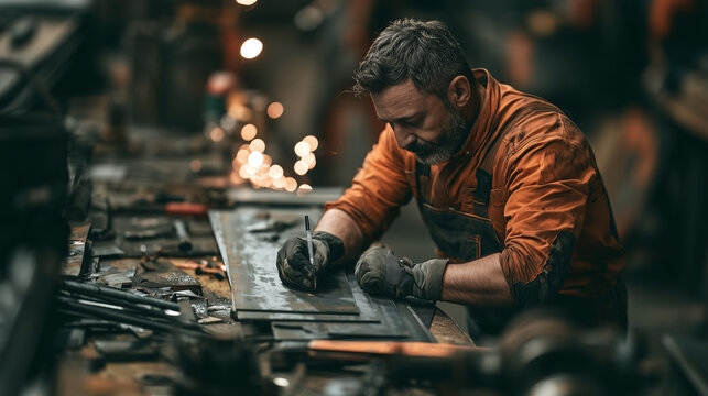 High-angle overhead tracking view looking down at a factory worker checking metal sheet components in a workshop. Heavy industry, manufacturing and engineering commercial stock ass