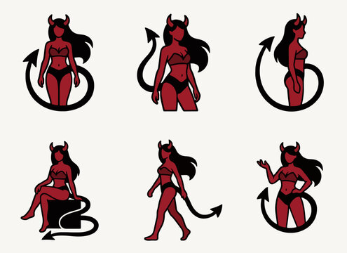 Red she devil female character vector illustrations set in different poses wearing bikini.
