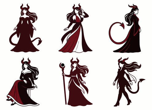 Set of female devil characters with horns and tails wearing elegant dark red and black dresses.