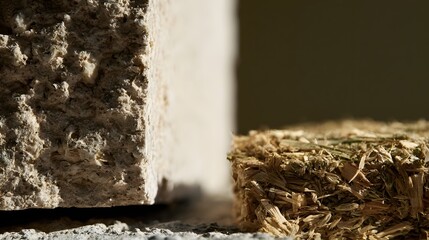 Naklejka premium A close up view of a hempcrete wall section next to a compressed straw bale highlighting natural textures under warm lighting