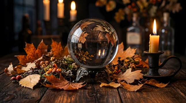 Mysterious crystal ball surrounded by vibrant autumn leaves and flickering candlelight on a rustic wooden table, evoking a sense of ancient magic and seasonal enchantment