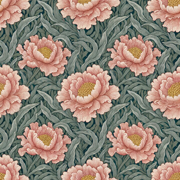 Seamless Vintage Art Nouveau Floral Pattern with Pink Peonies and Foliage