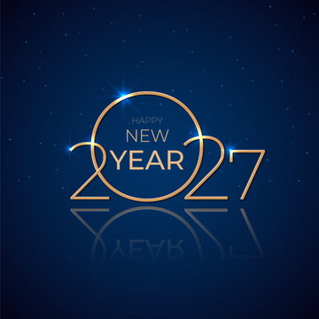 Happy New Year 2027, 27. Holiday greeting card. Shiny golden 2027 on dark blue background. New Year design invitation, calendar, greeting card. Gold logo. Party event decoration. Vector illustration