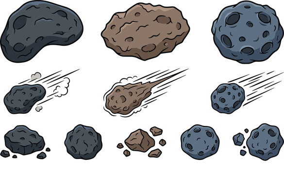 Asteroid and Meteor Vector Set Featuring Cartoon Space Rocks, Falling Comets, and Cratered Meteorites for Gaming Assets, Astronomy Education, and Sci-Fi Graphics