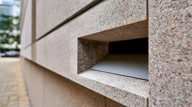 A recessed book return slot in a granite wall with clean architectural lines and soft natural lighting