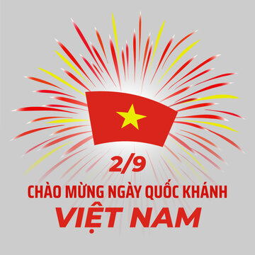 September 2, vietnam independence day, vietnamese fireworks, flag on white background. National holiday. Greeting card. Vector. Translation September 2nd Independence Day Vietnam