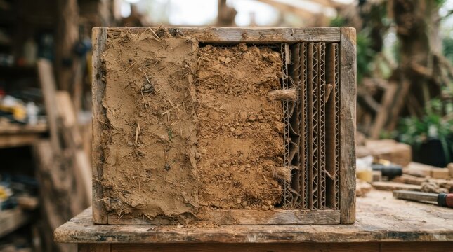 Prototype wall panel cutaway with corrugated cardboard layers, packed soil core, and clay render skin