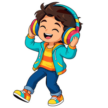  Joyful Boy Singing and Dancing with Rainbow Headphones, Happy Child Vector Character