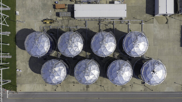 Aerial view of large chilled water thermal storage tanks and cooling system at a data center in Clarksville, Tennessee, United States.