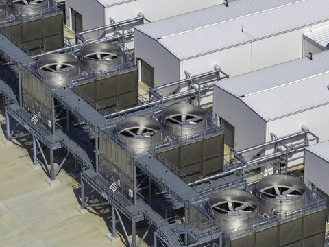 Aerial view of industrial cooling and ventilation units with large circular fans at a data center facility in Clarksville, Tennessee, United States.