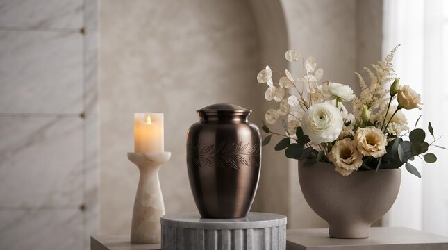 Bronze Cremation Urn with Candle and White Flowers
