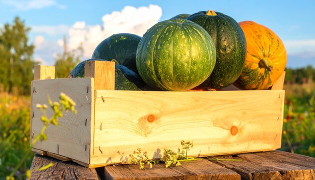 Fresh pumpkins in wooden crate on rustic table outdoors.