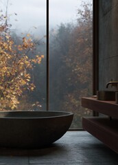 Fototapeta premium Modern bathroom with a large window that offers a view of the trees outside. the window is made of glass and has a wooden frame.