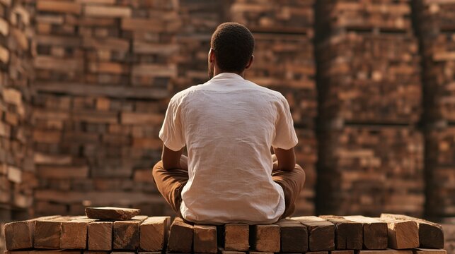 Man sitting on stacked wooden pallets in an industrial yard, seen from behind in a white shirt during a quiet break.