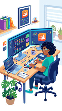 Woman programmer coding on Swift mobile app development workstation.