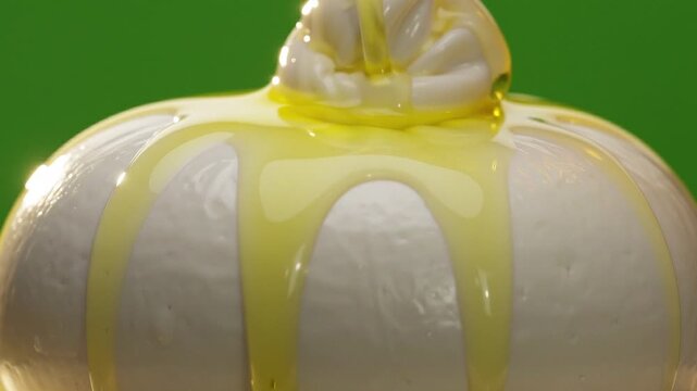 Close Up of Chef Drizzling Golden Extra Virgin Olive Oil Over Fresh Burrata.