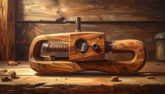 Vintage Wooden Pipe Clamp on Rustic Workshop Table.