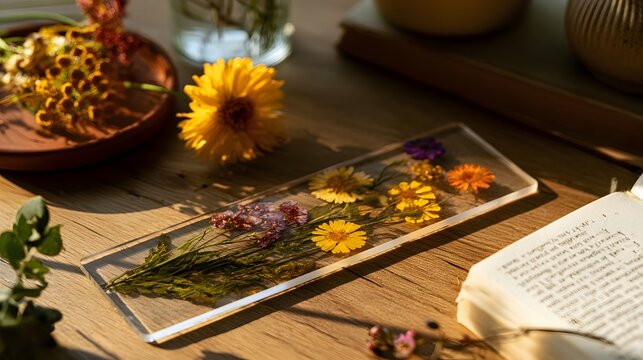 A transparent bookmark with pressed yellow and purple flowers rests on a wooden table beside an open book and dried floral arrangements