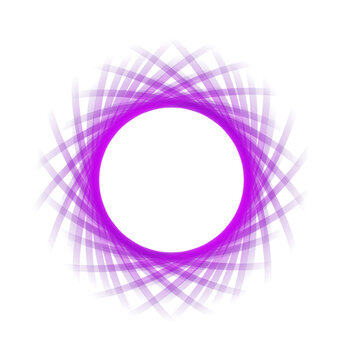 Purple spirograph geometric circle wreath of woven abstract glowing ribbon lines on black