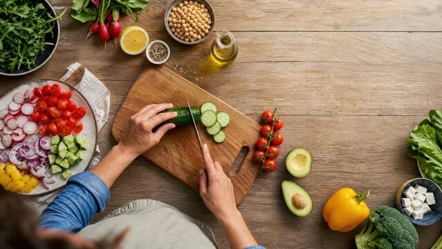 Preparing fresh vegetables on a wooden cutting board with various ingredients around the workspace in a kitchen setting during the day