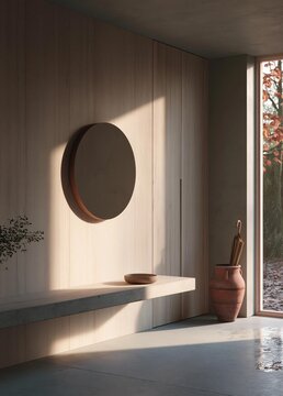 Modern and minimalist interior design of a room with a large window on the right side. the window has a view of trees and greenery outside.