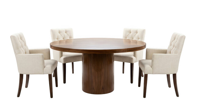 Modern round wooden dining table with four upholstered tufted chairs isolated on transparent background