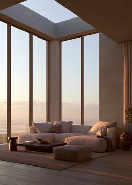 Modern living room with a large window that offers a beautiful view of the ocean. the room has a high ceiling with a skylight that allows natural light to enter the space.