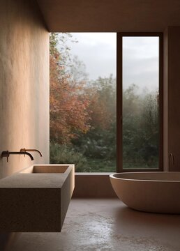 Modern bathroom with a large window that offers a view of the trees outside. the window is made of glass and has a wooden frame.