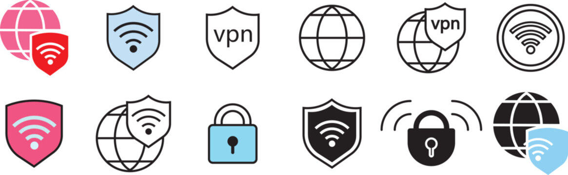 VPN network security vector icon set, secure wifi shield padlock symbol collection, private global connection badge, black pink blue line outline and solid filled UI buttons, cyber security web 