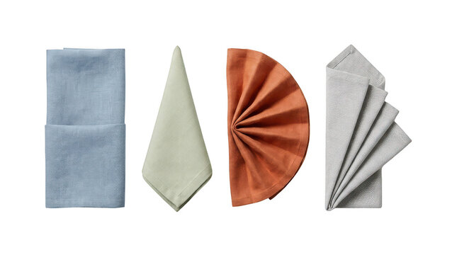Set of four colorful fabric napkins folded in different styles isolated on transparent background