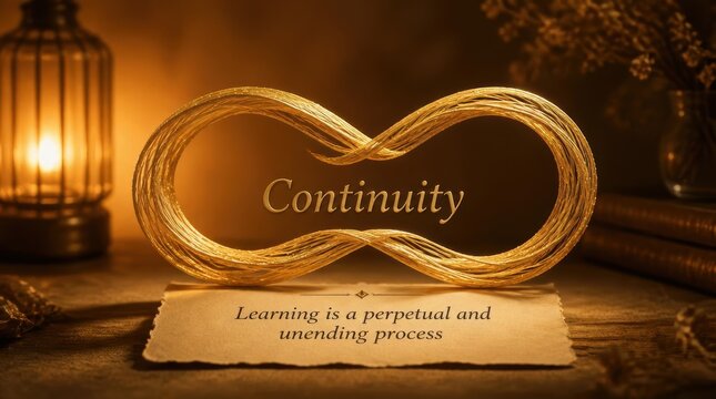 Golden wire mesh infinity symbol featuring 'Continuity' text above parchment with learning quote on wooden surface, warm ambient lighting with blurred lantern and books.