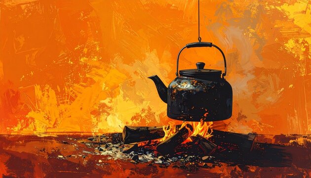 Black kettle boiling over open campfire flames.