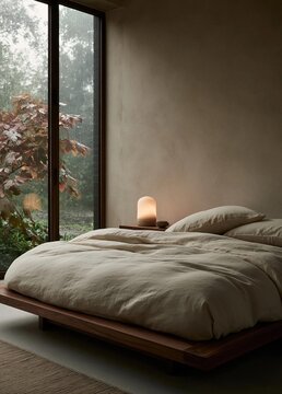 Modern bedroom with a large window on the left side. the window has a view of trees and greenery outside. the bed is made up with a beige comforter and two white pillows.