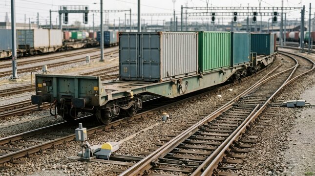 Rail freight logistics with loaded flatcar, cargo containers, steel rails, switch points, and signal hardware in a transport corridor.