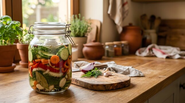 countertop fermentation jar filled with fresh vegetables submerged in brine for homemade probiotic food preparation traditional preservation healthy cooking and kitchen fermentation