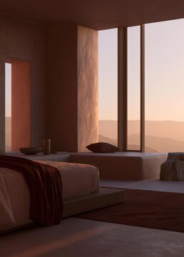 Modern and luxurious bedroom with a large window that offers a beautiful view of the mountains. the room has a high ceiling and walls, and the floor is made of concrete.