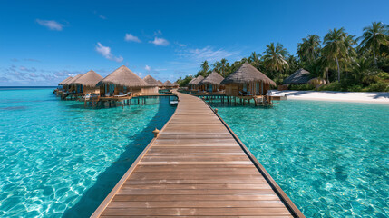 Fototapeta premium Luxury tropical resort in Maldives islands, overwater wooden villas, crystal clear turquoise lagoon, white sandy beach, palm trees, sunny day. A wide scenic photograph, keywords: M