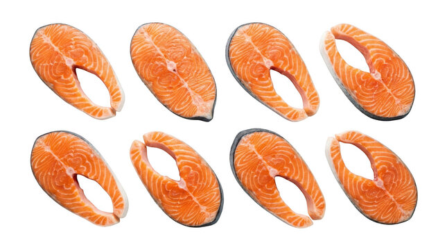 Fresh raw salmon fish steaks arranged in a grid pattern isolated on transparent background