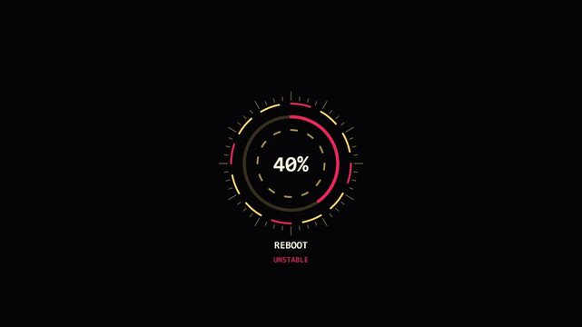 Futuristic digital interface loading screen on black background, user HUD circular progress bar reaching zero percent, rebooting system message, tech animation graphic