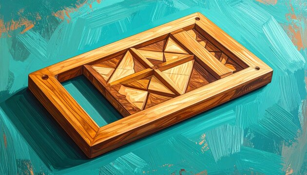 Wooden Tangram Puzzle on Textured Blue Background.