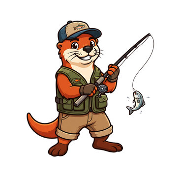 Cute cartoon otter wearing a fishing vest and hat while catching a small fish with a rod