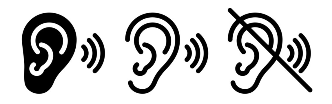 Hearing accessibility icon set with ear, sound waves and crossed symbol in outline and solid styles, representing hearing loss, deafness, no sound and accessible communication for healthcare, signage.