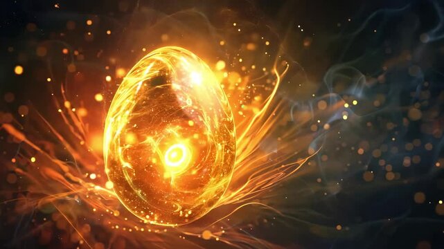 Glowing golden egg orb radiating fiery energy on dark background, mystical magical artifact, powerful cosmic light, fantasy concept, luxury shimmer.
