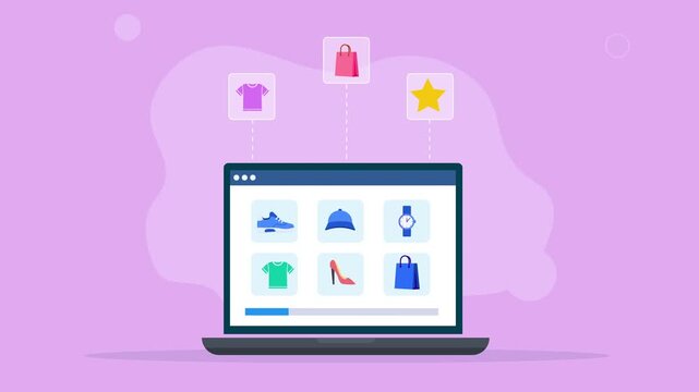 Modern flat vector animation showing a laptop with a fashion product catalog interface and floating retail icons, representing online shopping, clothing, ecommerce, product browsing, and digital retai