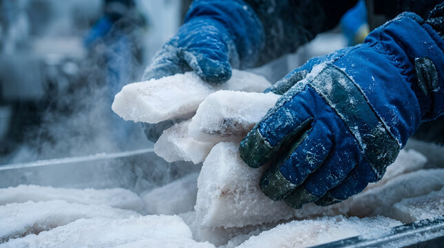 Food industry worker in heavy blue thermal gloves handling frost covered frozen fish fillets in cold storage.