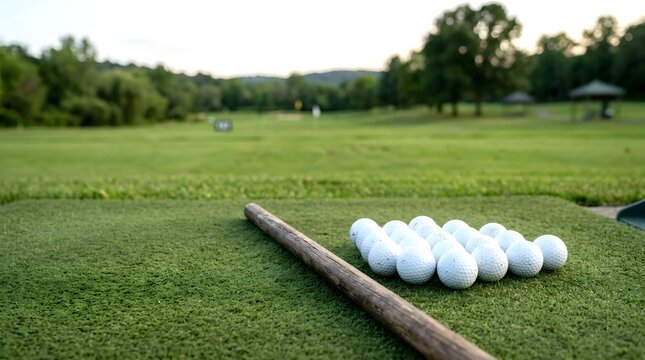 golf practice balls arranged beside alignment training stick on putting surface for swing practice sports coaching skill development and recreation
