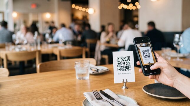 Hand holding smartphone scanning QR code menu at restaurant table